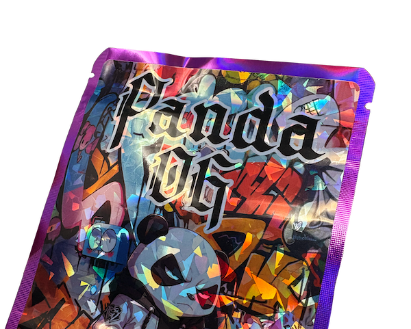 Custom holographic Mylar bag with prism sticker label applied