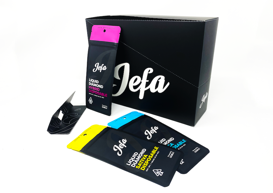 Custom packaging set for Jefa disposables with branded Mylar bags and matching black display box