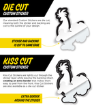 An informational product graphic comparing die cut and kiss cut custom stickers. Die cut stickers have the sticker and sticker backing cut to the shape and outline of the sticker design where as a kiss cut sticker has the outline of the sticker just cut through the sticker layer but not the sticker backing paper, resulting in a border that makes it easy to peel.