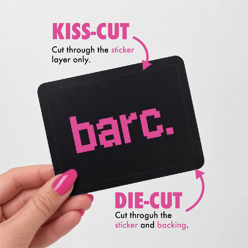 Example graphic explaining kiss-cut vs die-cut stickers, showing a black sticker with pink artwork and arrows pointing to the kiss-cut line through the sticker layer and the die-cut edge through the sticker and backing.