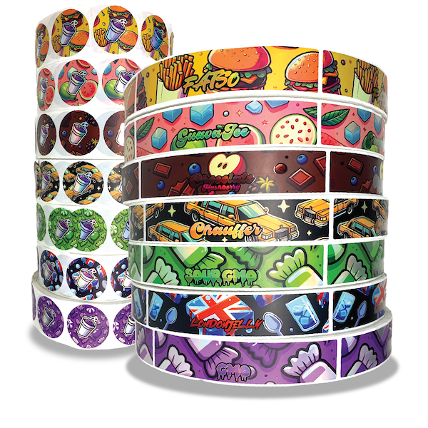 Full-color custom labels on rolls for food, beverage, and product packaging.