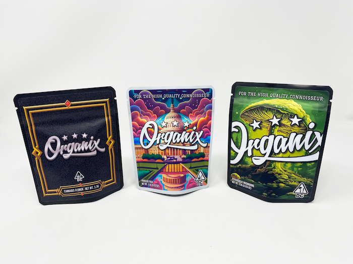Custom 4x5 matte Mylar sticker bags with Organix branding and multiple designs