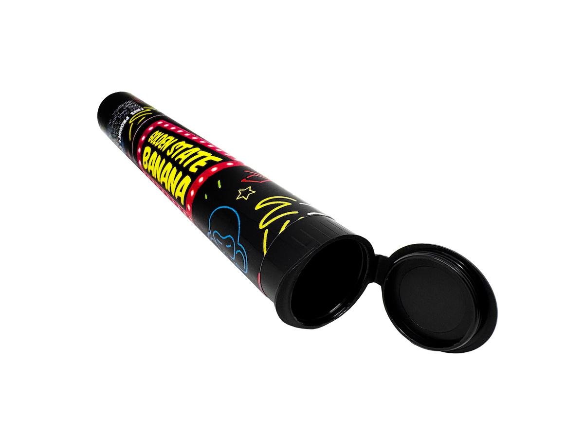 Sticker Farmer custom preroll packaging featuring black plastic pop top tube with bold graphics