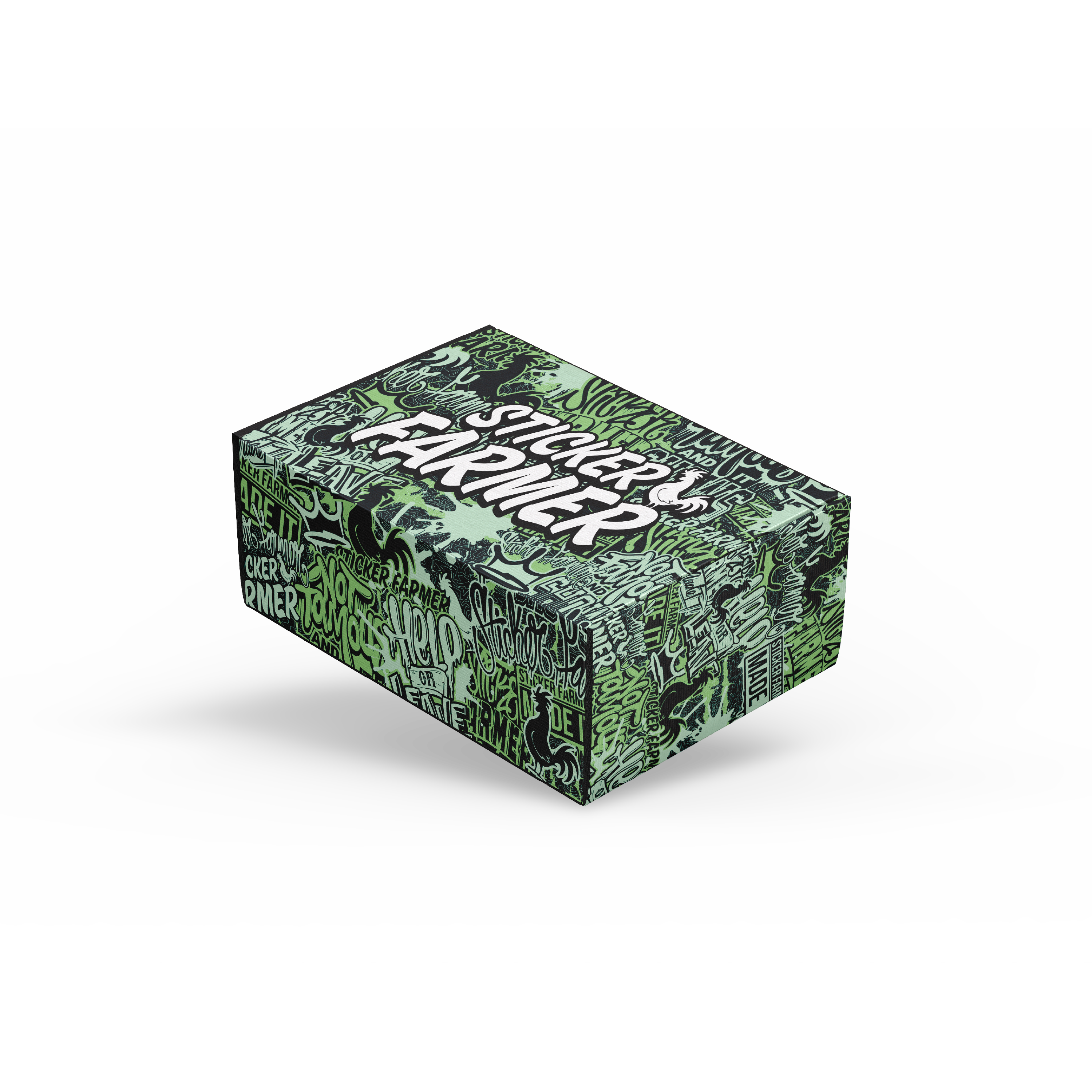 Custom printed mailer box with full-color branding, featuring graffiti-style artwork and bold logo design on all sides