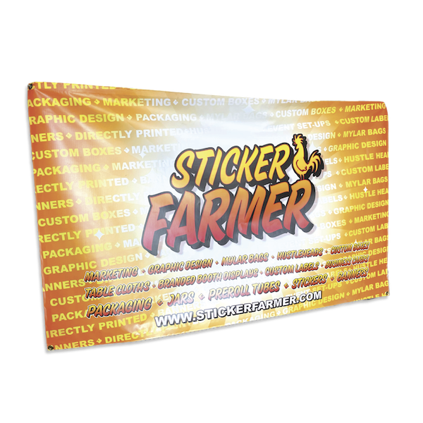 Sticker Farmer orange vinyl banner with logo and custom printing services listed