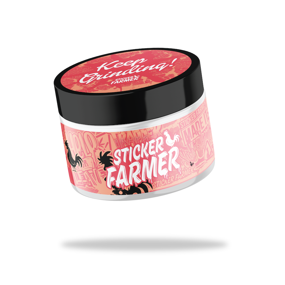 Custom Sticker Farmer product jar with pink design and logo label