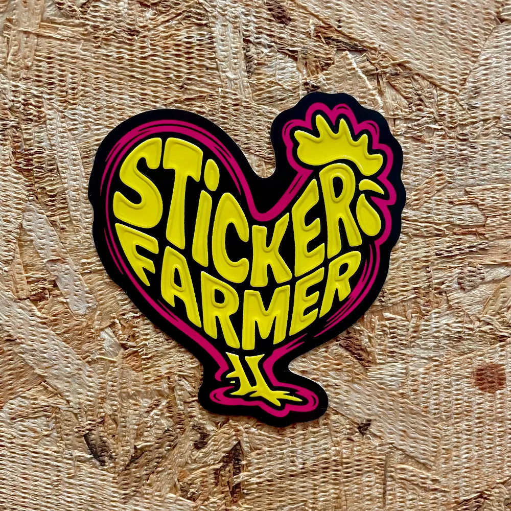 Spot UV Sticker with 'Sticker Farmer' text on a textured surface