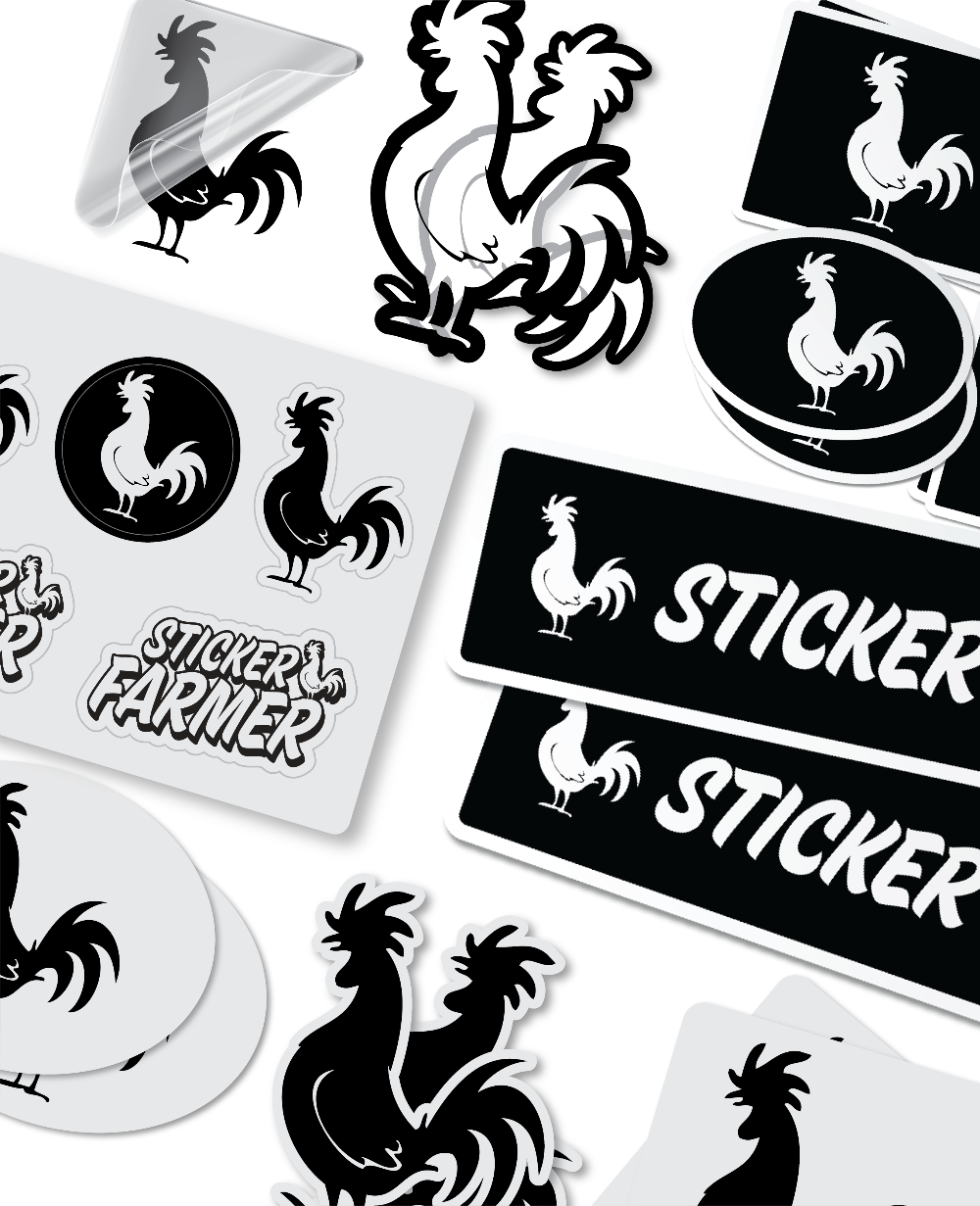 A variety of custom Sticker Farmer sticker styles displayed together, including die-cut rooster stickers, round logo stickers, square stickers, clear stickers, and rectangle logo stickers.