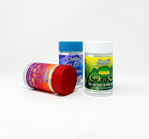 Custom pre-roll jars with colorful printed side labels for Shorty's 