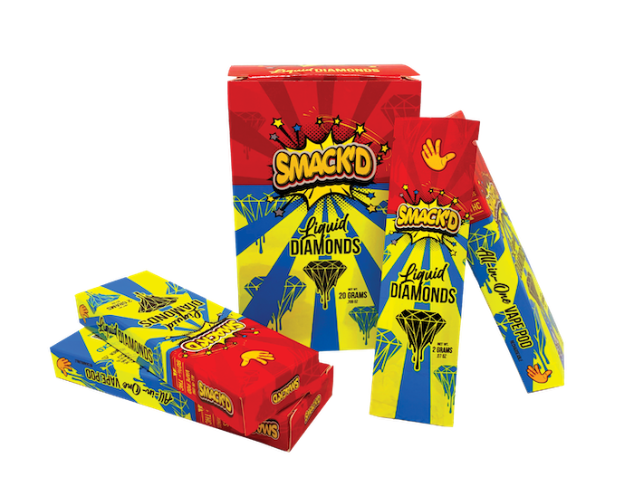 Custom packaging set for Smack'd Liquid Diamonds including vape pouches, individual boxes, and a 10-count medium box.