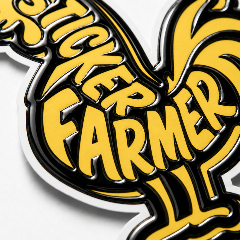 Close-up of a die-cut Sticker Farmer rooster sticker with bold yellow lettering and thick, highly raised 3-pass spot UV coating on the black areas.