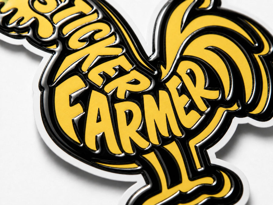 Example of a 3-pass spot UV die-cut sticker with extra glossy raised black details and bold yellow lettering.