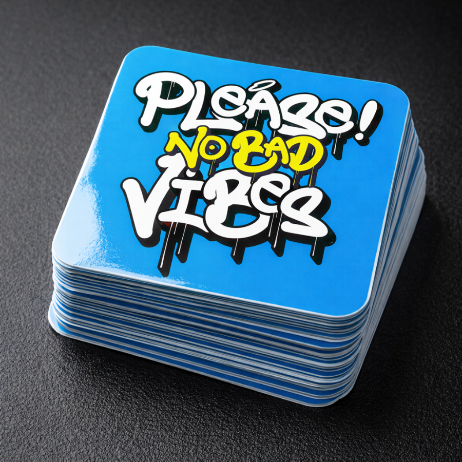 Stack of blue stickers with 'Please! No Bad Vibes' text on a dark surface