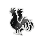 Custom spot UV rooster sticker with glossy raised details on a black-and-white die-cut design.
