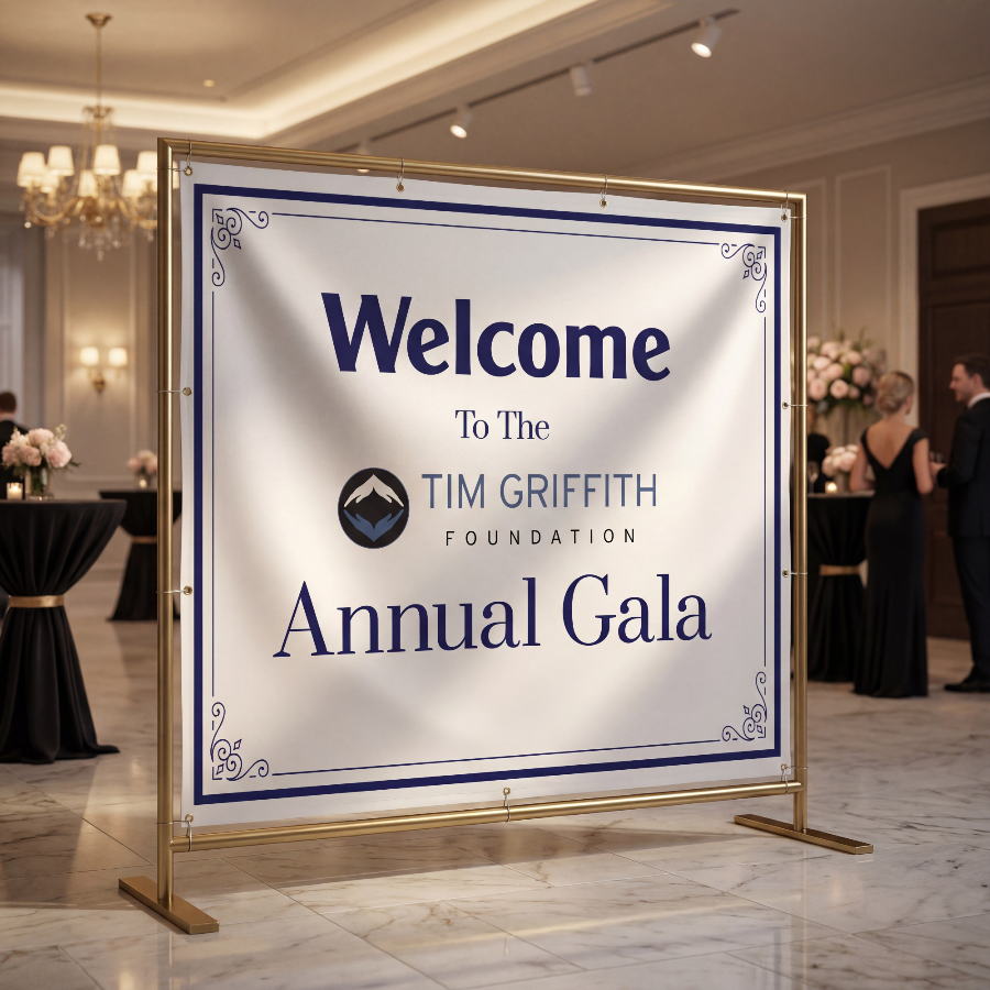 Example custom vinyl banner displayed on a gold frame at an elegant event venue.