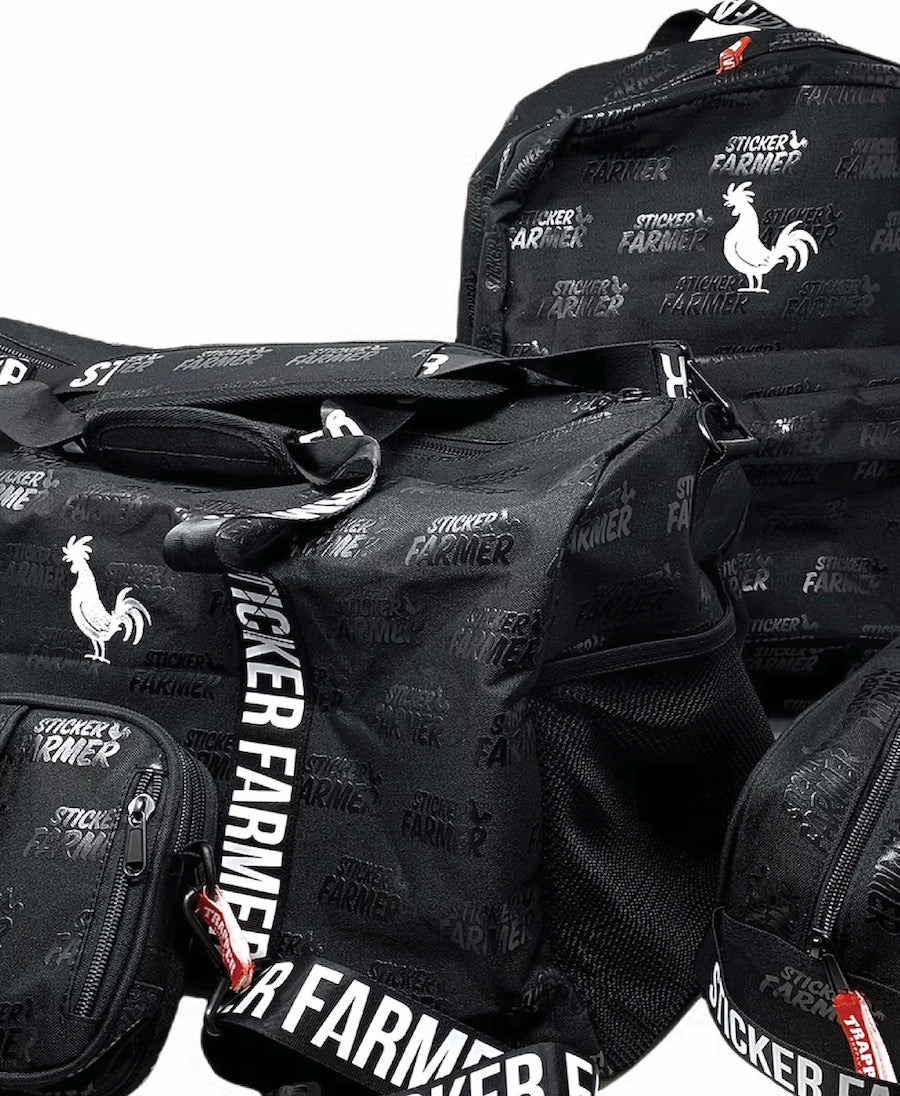 Collection of black bags with 'Sticker Farmer' branding on a white background